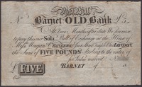 Barnet Old Bank, an unissued sola post bill for £5, 18-, no serial numbers or signatures, beautifully printed on...