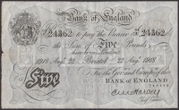 Bank of England, Ernest M. Harvey, £5, Bristol, 22 August 1918, serial number 64/U 24362, an exceptionally clean...