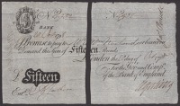 Bank of England, Abraham Newland, £15, London, 20 October 1798, serial number 4932, split in half for postage,...
