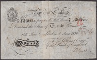 Bank of England, Matthew Marshall, £20, London, 6 June 1850, serial number F/E 13607, officially split and rejoined...