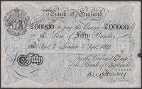 Bank of England, Ernest M. Harvey, specimen £50, London, 7 September 1922, serial number 04/Q 000000, red SPECIMEN...