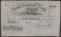 North Cornwall Bank, Bodmin, for Glynn & Co., unissued £1, 18-, no serial number or signature, very lightly toned,...