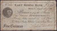 East Riding Bank, Hull, for Robert Raikes, William Currie & Isaac Currie, 5 Guineas, 2 May 1810, serial number F800,...