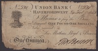 Union Bank Haverfordwest, for Mathias, Lloyd & Bowen, 1 Guinea, 24 July 1813, serial number J21, Bowen signature,...