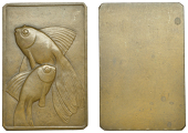FRANCE, Poissons Exotiques [Exotic Fish], 1936, an Art Déco uniface bronze plaque by R. Amandry, two fish, edge...