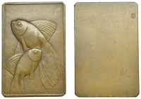 FRANCE, Poissons Exotiques [Exotic Fish], 1936, an Art Déco uniface bronze plaque by R. Amandry, two fish, edge...