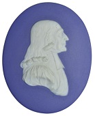 England, John Wesley (1703-91), founder of the Methodist Movement, white jasperware with dark blue dip and applied...