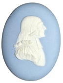 England, John Wesley (1703-91), founder of the Methodist Movement, pale blue and white oval jasperware portrait...