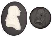 England, John Wesley (1703-91), founder of the Methodist Movement, black and white oval jasperware portrait plaque...