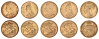 Victoria, Sovereigns (5), 1872 die 50, 1888, 1889m, 1893m, 1894m (S 3853B, 3866, 3867B, 3875) [5]. Fine or better	...