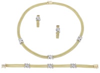 An 18ct gold and diamond suite by Mappin and Webb, the necklace designed as a double row of mesh-link chains with...
