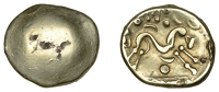British Iron Age, GALLO-BELGIC, plated Stater, series E [Ambiani], Gallic War uniface type, shallow dome with trace...