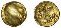 British Iron Age, BELGAE, Bellovaci, gold Stater, class I, trace of design, rev. horse prancing left, stars above...