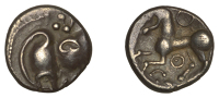 Continental Iron Age, CENTRAL GAUL, Aedui, silver Quinarius, helmeted head left, rev. horse left with rings above...