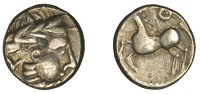 Continental Iron Age, Eastern Celts, Danubian, silver Drachm, Kugelwange type, laureate head of Zeus right, rev....