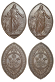 England, Sunday School Union Established A.D. 1803, a pair of high-relief pointed-oval copper medals awarded for...