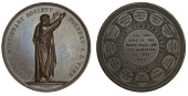 England, Golden Jubilee of the Church Missionary Society, 1848, a copper medal by B. Wyon, St. Paul, arms raised,...