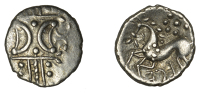 British Iron Age, ICENI, Ecen, silver Unit, Ecen Retro type, opposing crescents separated by two pellets on vertical...