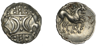 British Iron Age, ICENI, Ecen, silver Unit, Stepping Horse type, opposing crescents separated by two pellets on...