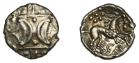 British Iron Age, ICENI, Ecen, silver Unit, Ecen Six type, two opposed crescents on wreath, rev. horse stepping...