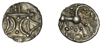 British Iron Age, ICENI, Ecen, silver Unit, Ecen Ed type, two opposed crescents on wreath, rev. globular horse...