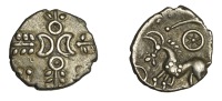 British Iron Age, ICENI, Uninscribed issues, silver Unit, two crescents back-to-back across cruciform wreath pattern...