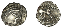 British Iron Age, ICENI, Uninscribed issues, silver Unit, Odin’s Eye type, disjointed head right, large oval eye...