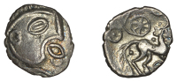 British Iron Age, ICENI, Uninscribed issues, silver Unit, Odin’s Eye type, disjointed head right, large oval eye...