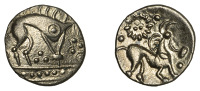 British Iron Age, ICENI, Uninscribed issue, silver Unit, Norfolk Boar Triadic, stylised boar right, single front and...