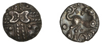 British Iron Age, CANTIACI, Uninscribed issues, silver Unit, Crossed Wreaths type, back-to-back crescents on...