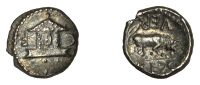 British Iron Age, ATREBATES AND REGNI, Verica, silver Minim, Temple type, Verica’s Temple dividing inverted c f,...