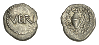 British Iron Age, ATREBATES AND REGNI, Verica, silver Minim, Verica Vase type, veri within pellet border, rev. tall...