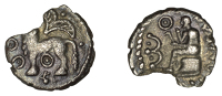 British Iron Age, CANTII, Dubnovellaunos, silver Unit, bull left with large hooves, wings above, various ringed...