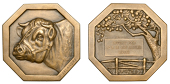 FRANCE, Tête de Taureau [Head of a Bull], 1934, an octagonal Art Déco bronze award plaque by R. Delandre, head of...