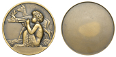 FRANCE, Faune, 1932, a uniface Art Déco bronze medal by R.-M. Thénot, young fawn seated left, playing a...