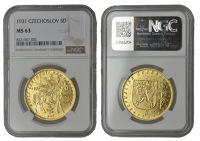 Czechoslovakia, Republic, 5 Ducats, 1931 (KM 13; F 5). Good extremely fine [Graded by NGC as MS 63]	 £3,400-£4,000