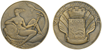 FRANCE, Ville du Havre, c. 1925, an Art Déco bronze medal by A.-P.-M. Poisson for Arthus-Bertrand, naked female...
