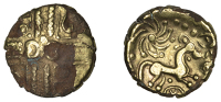 British Iron Age, REGINI, Early Uninscribed issues, plated Stater, Wonersh type, crossed wreaths, outline crescents...