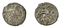 British Iron Age, DOBUNNI, Eisu, silver Unit, Oxo type, degraded moon head right, numerous ringed pellets around,...
