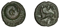 British Iron Age, CATUVELLAUNI, Cunobelin (AD 8 - 41), bronze Unit, coiled ram-headed serpent, rev. griffin left...