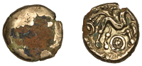 British Iron Age, ATREBATES and REGNI, Uninscribed issues, plated Stater, Selsey Uniface type, rev. triple-tailed...