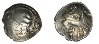 British Iron Age, ICENI, Uninscribed issues, silver Unit, Beardie Pipe Pole type, male head right with herringbone...