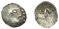 British Iron Age, ICENI, Uninscribed issues, silver Unit, Beardie Punk Head type, male head right with herringbone...