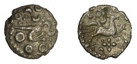 British Iron Age, DOBUNNI, silver Unit, Cotswold Crosses type, moon-head right, crescents and pellet rosettes before...