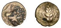 British Iron Age, CATUVELLAUNI, Cunobelin (AD 8 - 41), plated Quarter-Stater, Wild B type [Class 5], ear of barley...