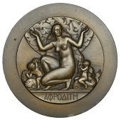 FRANCE, Aphrodite, 1932, a uniface Art Déco bronze medal by M. Delannoy on a large flan, naked figure of Aphrodite...