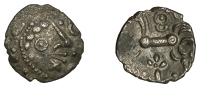 British Iron Age, DOBUNNI, silver Unit, moon head right, triads of pellets for hair, cross on chin, pellets and...