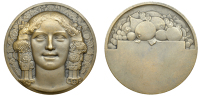 FRANCE, Abondance [Abundance], 1930, an Art Déco bronze award medal by P.-A. Morlon, facing head of young female on...