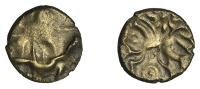 British Iron Age, East Wiltshire, Quarter-Stater, Dahlia Horse Left type, blundered cruciform design, ‘locks of...