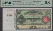 Banco Nacional Ultramarino, Cape Verde, printers archival specimen 1000 Reis, 1 March 1909, serial number range...